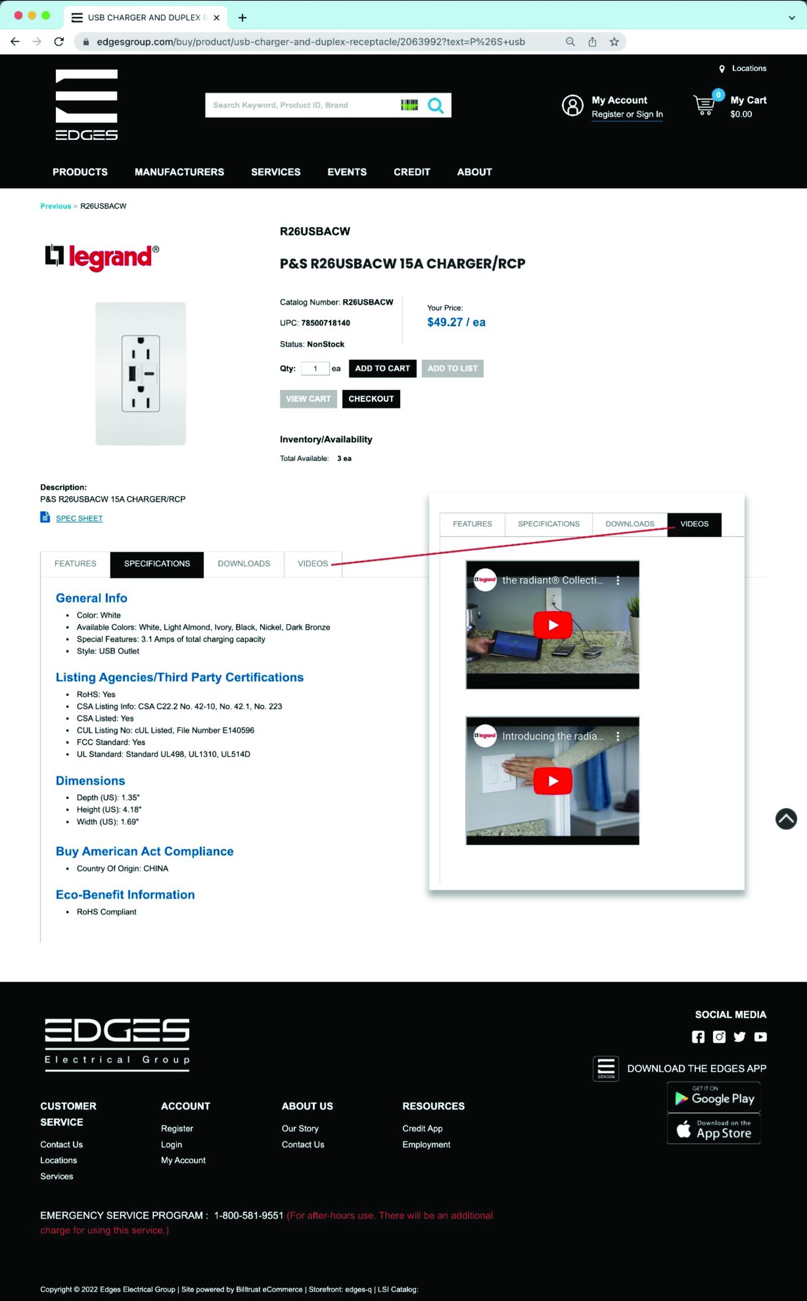 Sample product detail page for a Legrand product on Edges Electrical Group’s website (eCommerce Data provided by DDS).